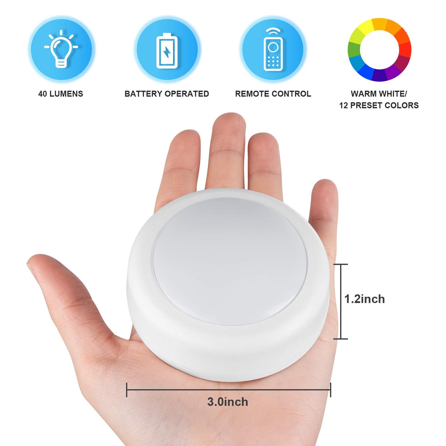 BLS LED Puck Lights with Remote Control, Wireless Under Cabinet & Closet Lighting, RGB 13 Color Changing Lights with Dimmer, Timer & AA Battery Operated, Push, Touch, Stick on for Night, White, 2 Pack