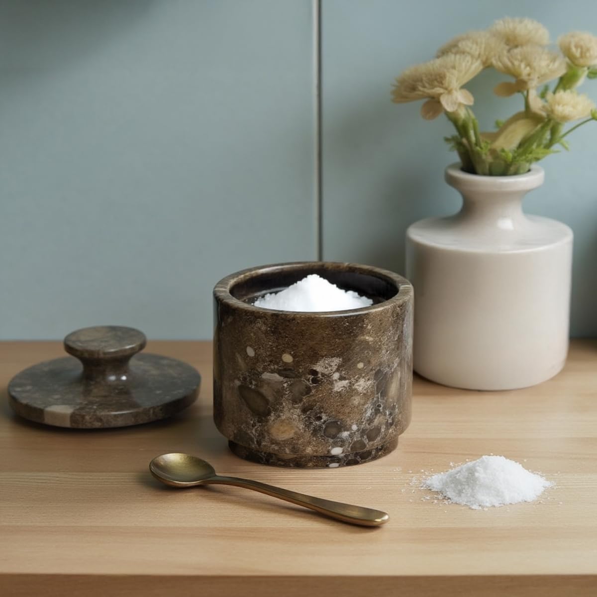 Handcrafted Marble Salt Cellar Set of 2 with Lids | Natural Stone Bowls for Sea Salt, Spices & Herbs | Elegant Kitchen & Dining Room Decor | Multipurpose Pinch Pot with Felt Base (White & Oceanic)