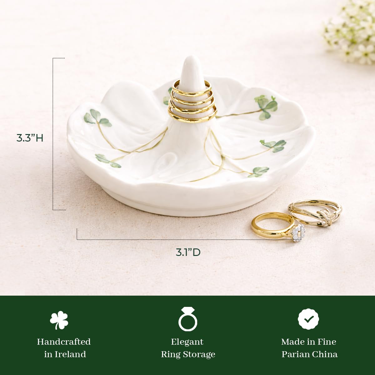 Belleek Classic Shamrock 4.4-Inch Ring Holder Dish, Handcrafted Parian China Jewelry Tray, Irish Decor, White