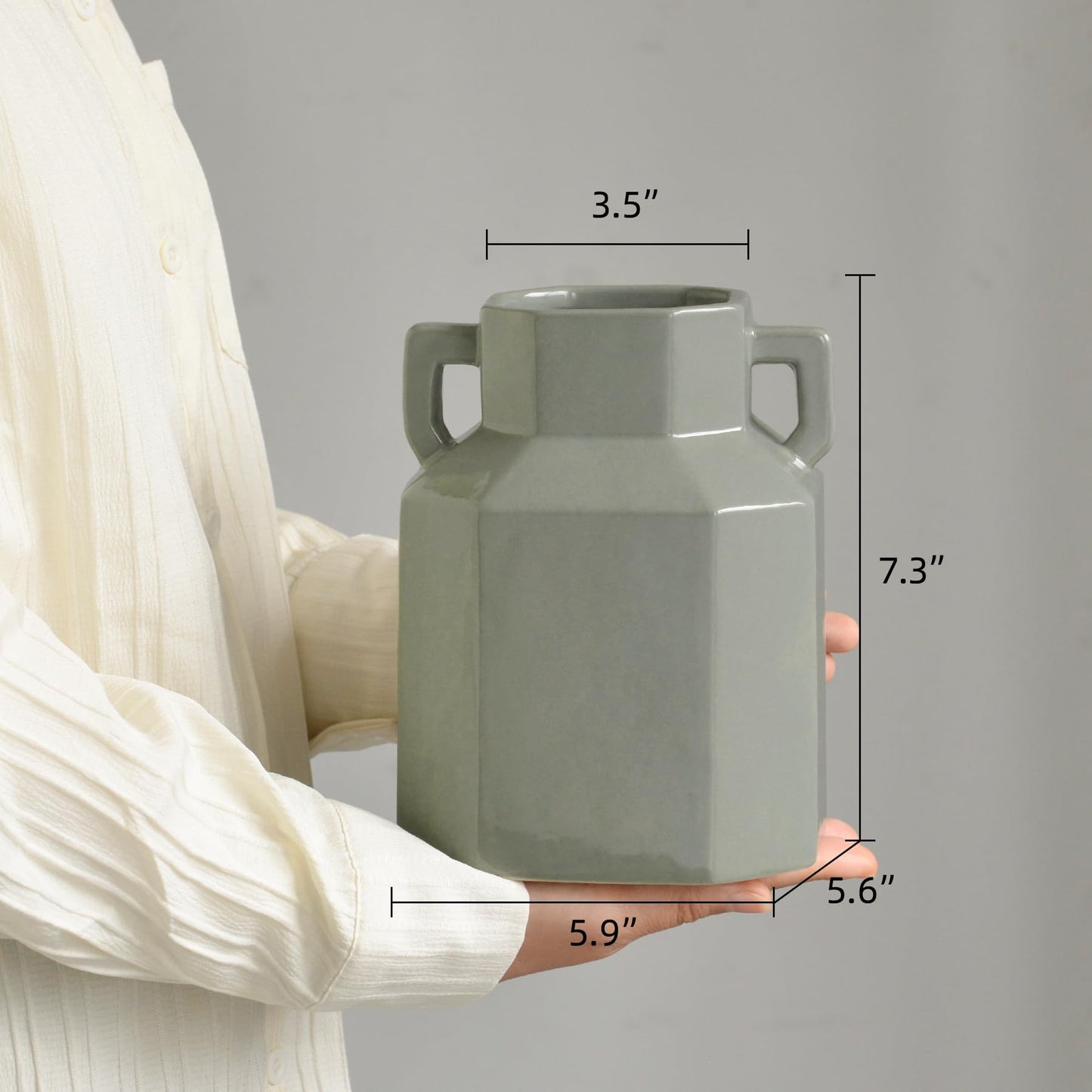 Quoowiit 7.3 Inch Modern Ceramic Vase, Unique Square Vases for Flowers, Boho Vase for Home Decor, Aesthetic Flower Vases Decorations for Living Room Centerpiece Shelf Coffee Table Kitchen Office Green