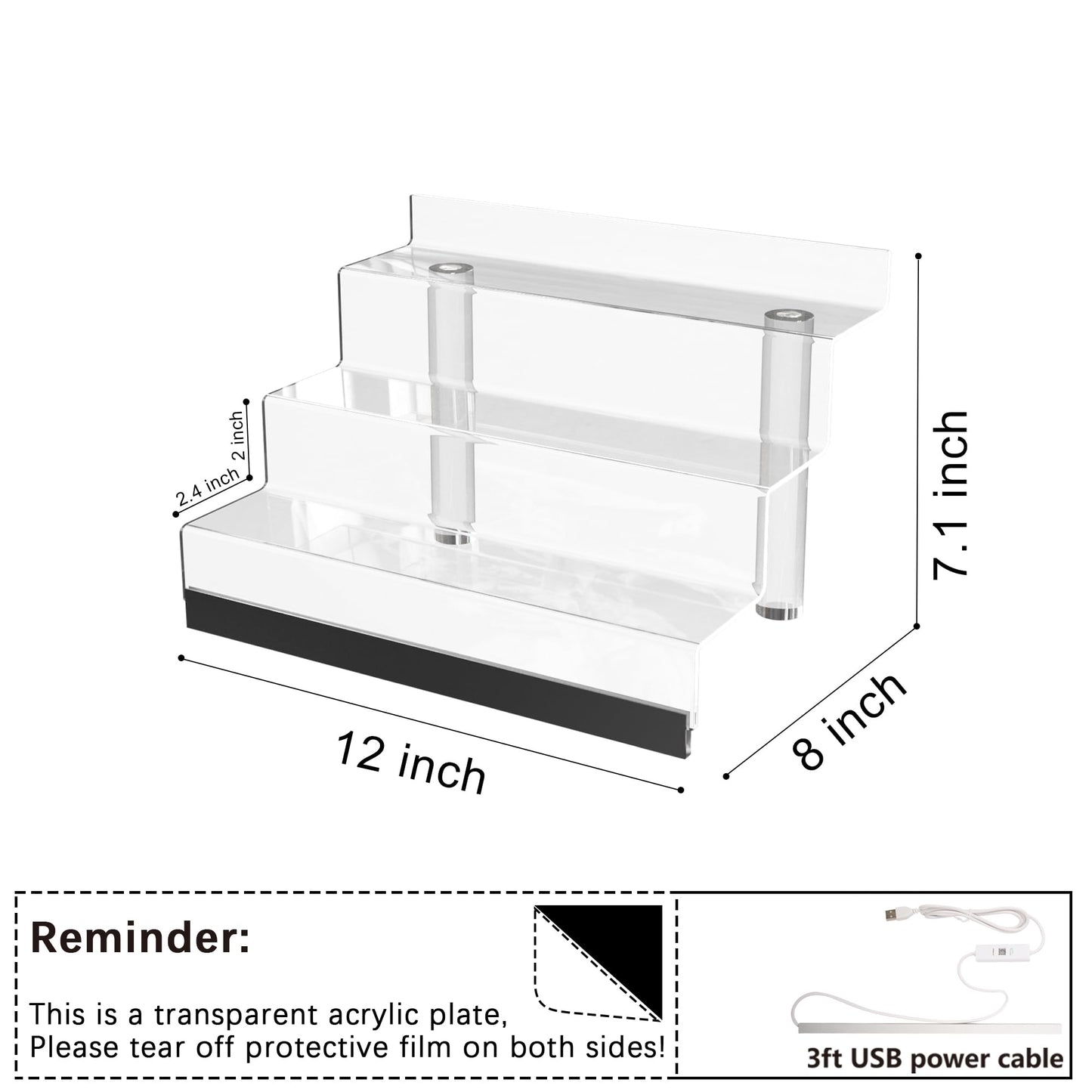 12” Acrylic Display Organizer with LED Light - 3 Tier Perfume Stand and Display Step Shelves Holder, Cologne Organizer for Men, Figures Stand, Porta Perfumes Para Tocador, Clear Riser, Dessert Shelf