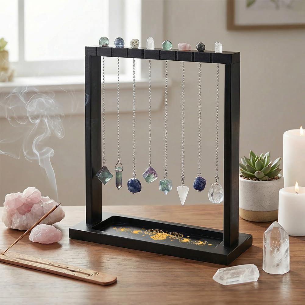 BEUNITONE Pendulum Crystal Holder, Ram Design Wooden Crystal & Jewelry Display Stand Divination Pendulum Storage Rack Tabletop Organiser for Necklaces, Stones and Home Decor
