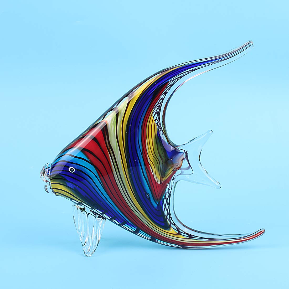 Hophen Art Glass Crystal Tropical Angel Swallow Fish Blown Handmade Sea Animal Figurine Sculpture Home Decor Collectible Statue Paper Weight Gift Ornament (Rainbow)