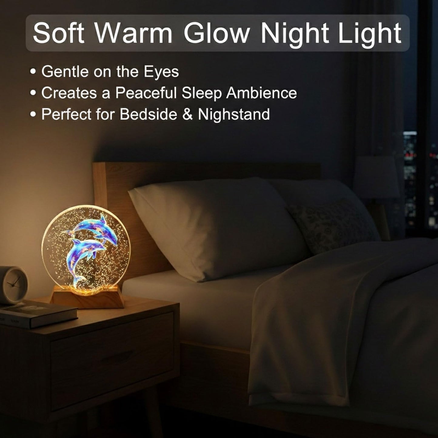BJSYLTEK K9 Crystal Dolphin Night Light, 10cm Glass LED Lamp with Wood-Grain Style Base, Warm Light Table Desk Lamp, Elegant Home Decor Gift