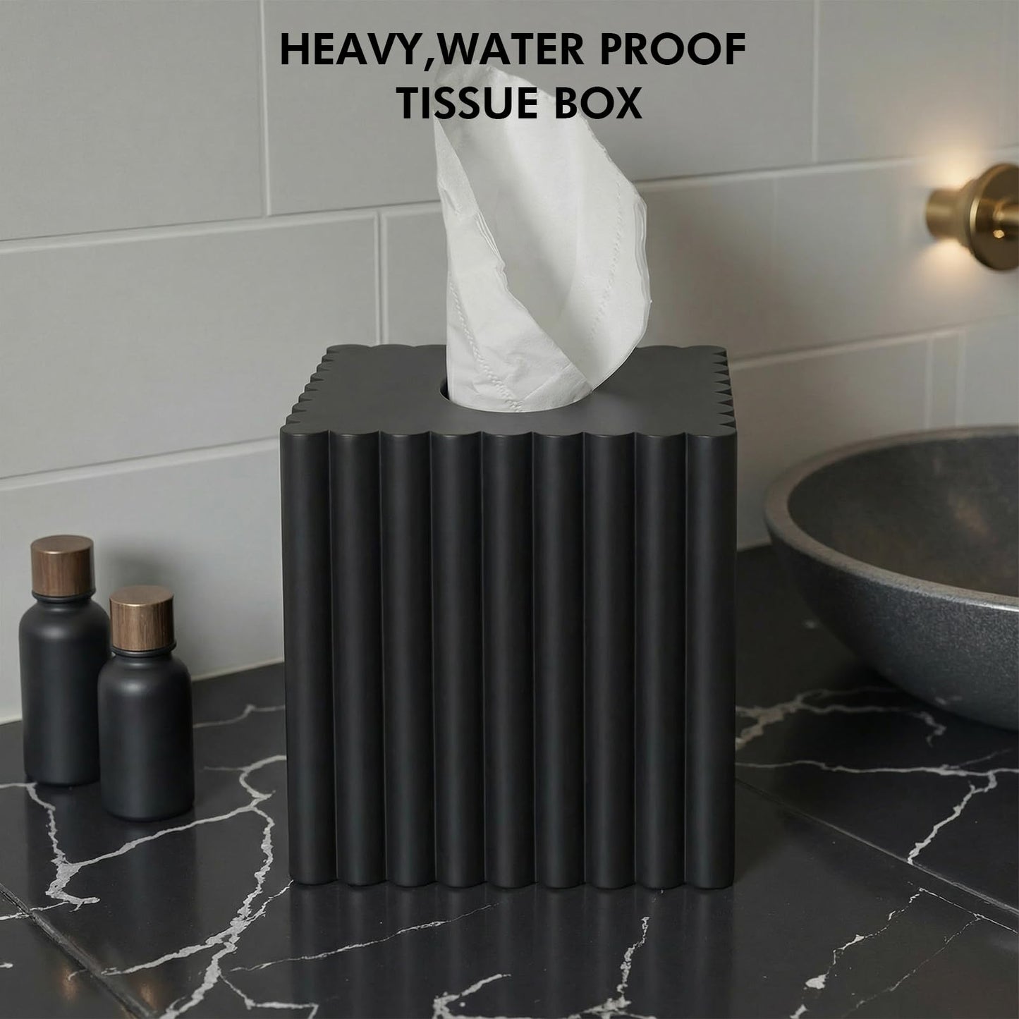 Modern Tissue Box Cover Square, Resin Stone Tissue Box Covers Holder, Decorative Marble Style Tissue Box Cover for Bathroom Kitchen Bedroom Living Room Office (Black)