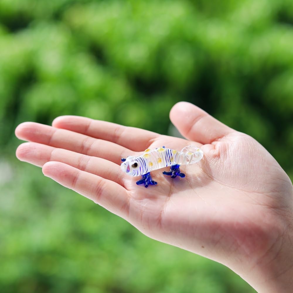 M Audomsak Hand-Blown Art Glass Gecko Figurine – Mini Yellow-Spotted Collectible with Blue Legs, Home Décor & Gift