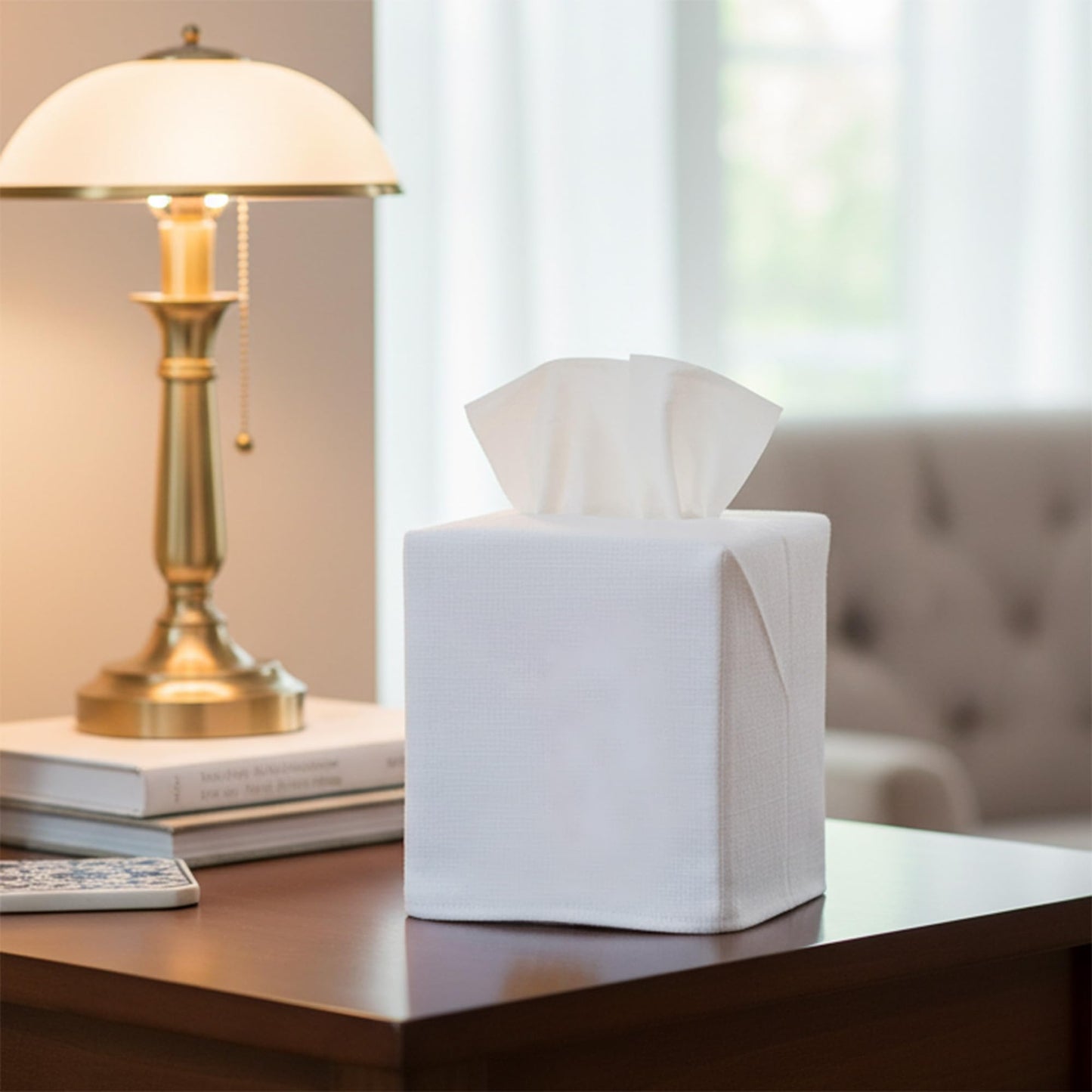 Jacaranda Living Square Tissue Box Cover, Linen/Cotton Fabric Tissue Holder, Decorative Cloth Tissue Cube Cover Tissue Box Cover, White Linen, Plain