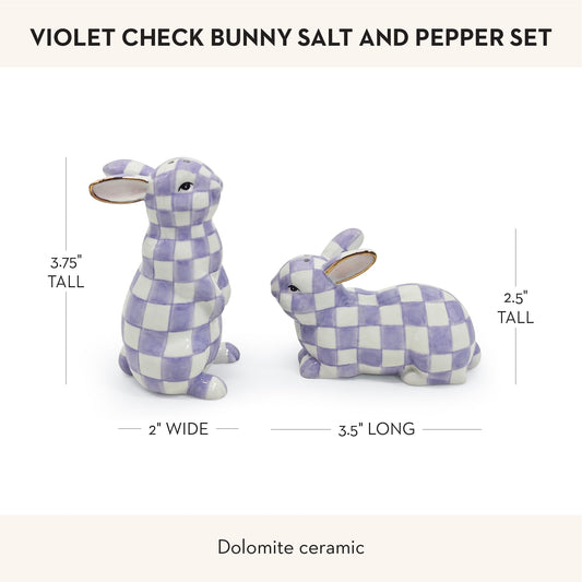 MACKENZIE-CHILDS Set of 2 Ceramic Salt and Pepper Shakers, Kitchen Table Accessories, Purple-and-White Violet Check Bunny