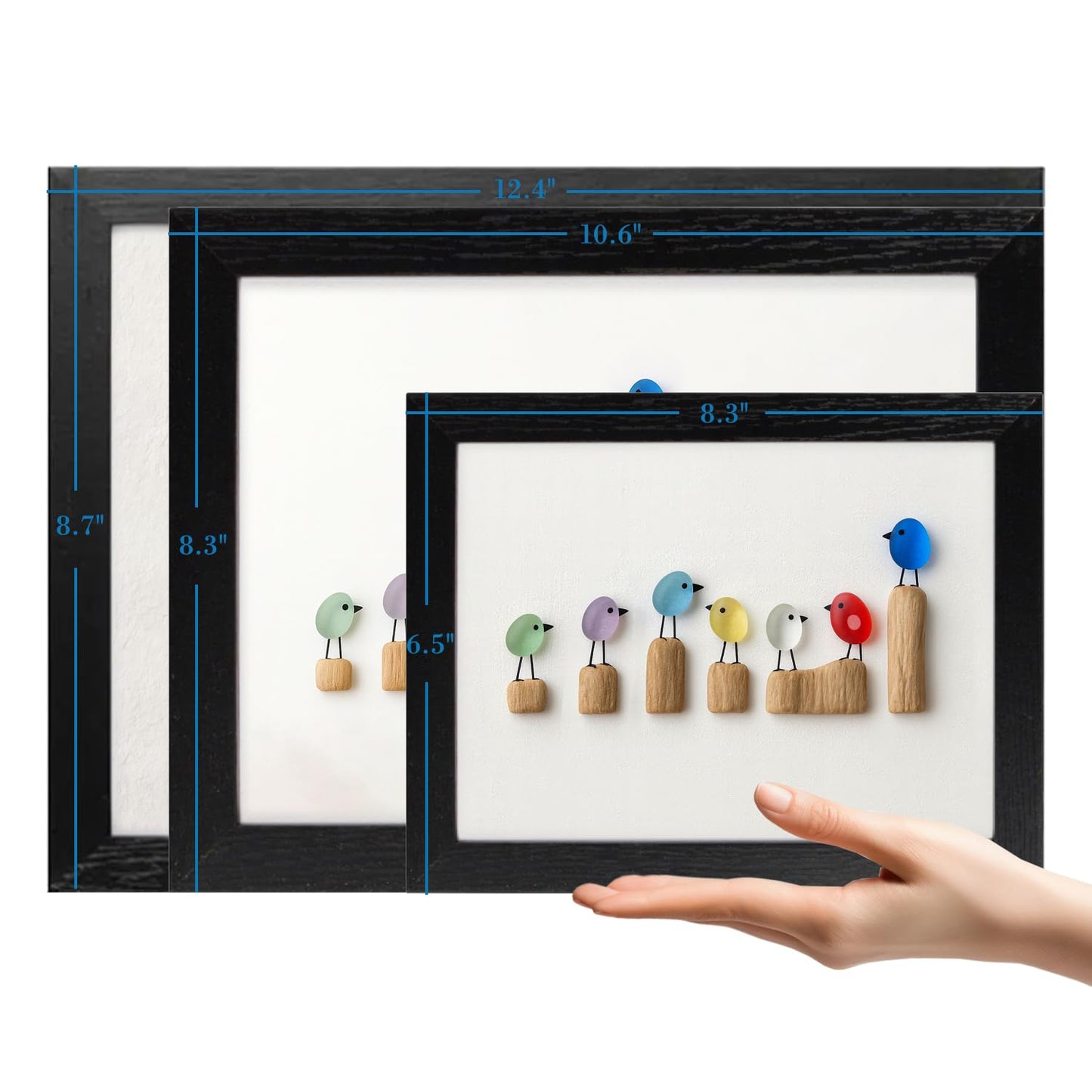 UQRUI Sea Glass Birds on a Branch Wall Art, Rainbow Coastal Beach Seaglass Bird on Twig Artwork Picture Frame, Friendship Decor for Home Wall Hanging (White-7 Birds)