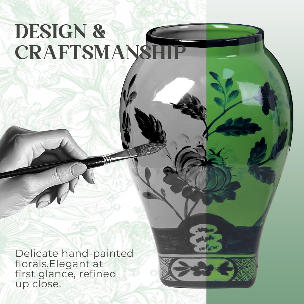 Andaliz Green Floral Ceramic Vase with Black Pattern, Hand-Painted Oriental Vase for Home Decor, 9.4 Inch Table Centerpiece, Modern Chinoiserie Vase