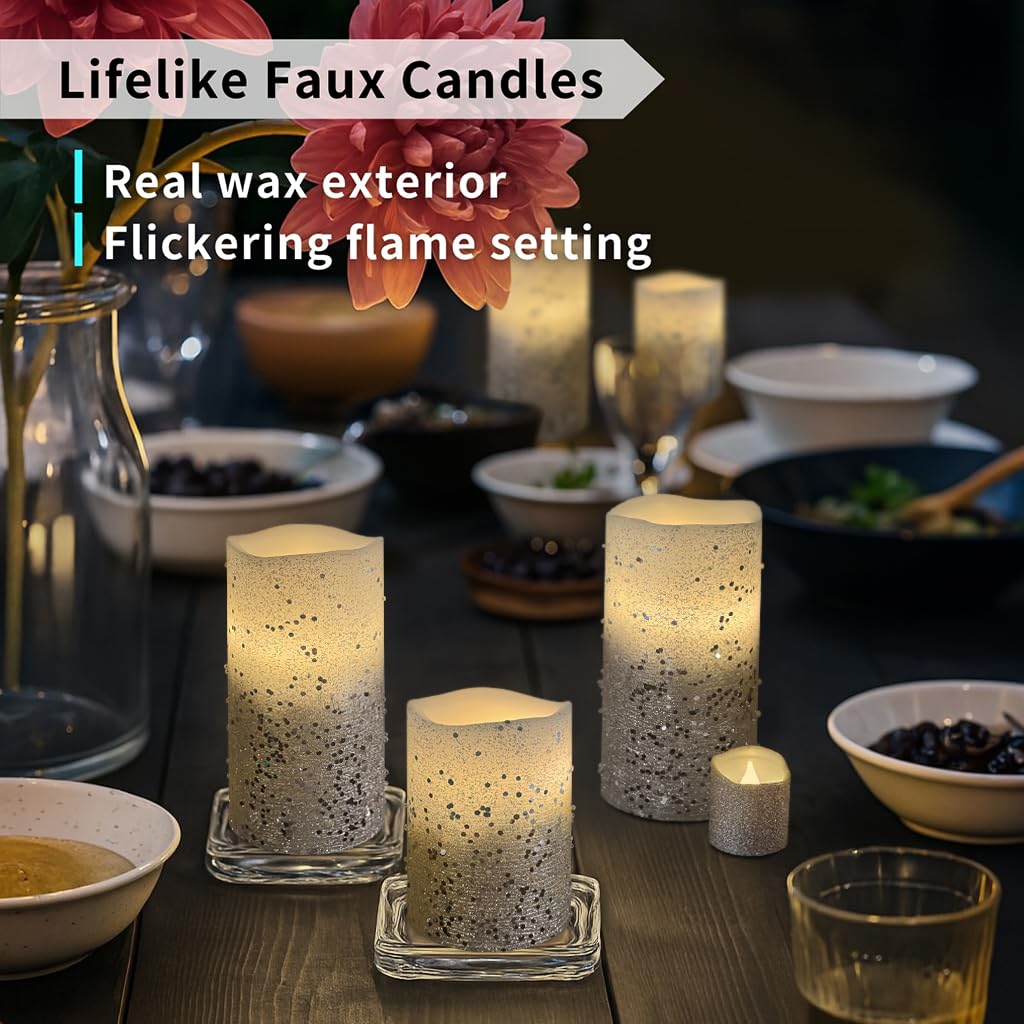 FURORA LIGHTING Silver Glitter LED Candles, 8-Pack Set with Remote & Timer