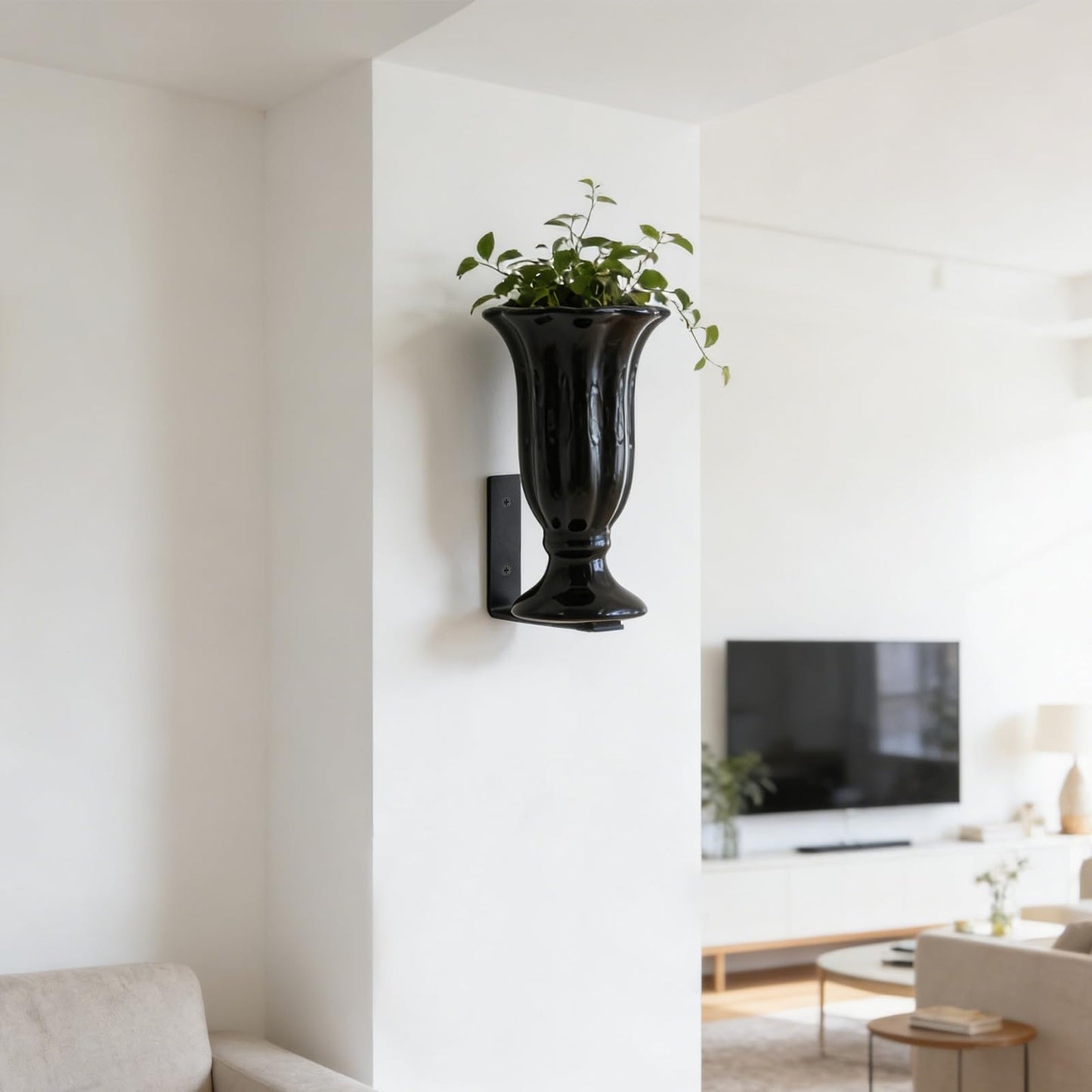 Modern Floating Wall Vase - Matte Black Ceramic Flower Vase with L-Shaped Metal Bracket - Minimalist Wall Mounted Planter for Fresh or Dried Flowers, Home Decor for Living Room, Bedroom, Entryway