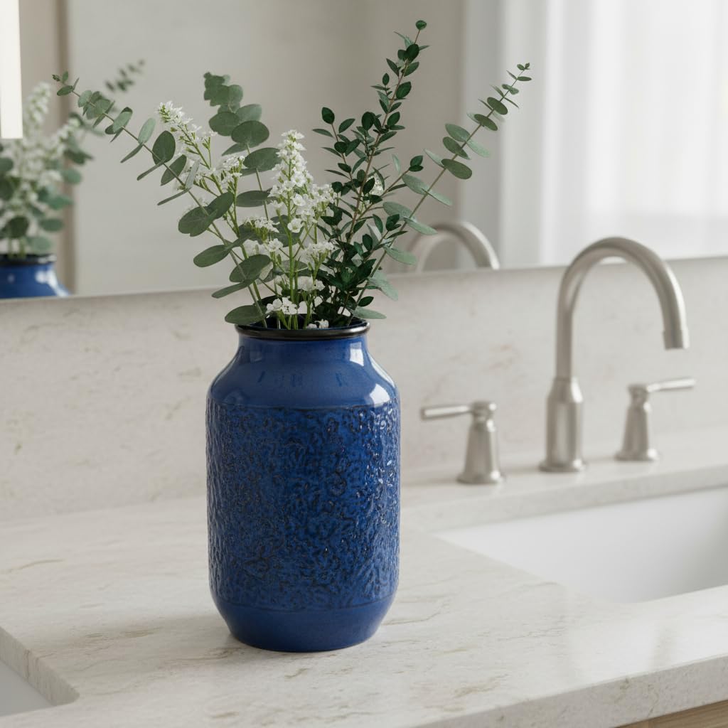 Wancetang Blue Vase for Decor, 9 inch Ceramic Flower Vase, Modern Decorative Vases Home Decor, Bathroom Bedroom Office Living Room Shelf Decoration