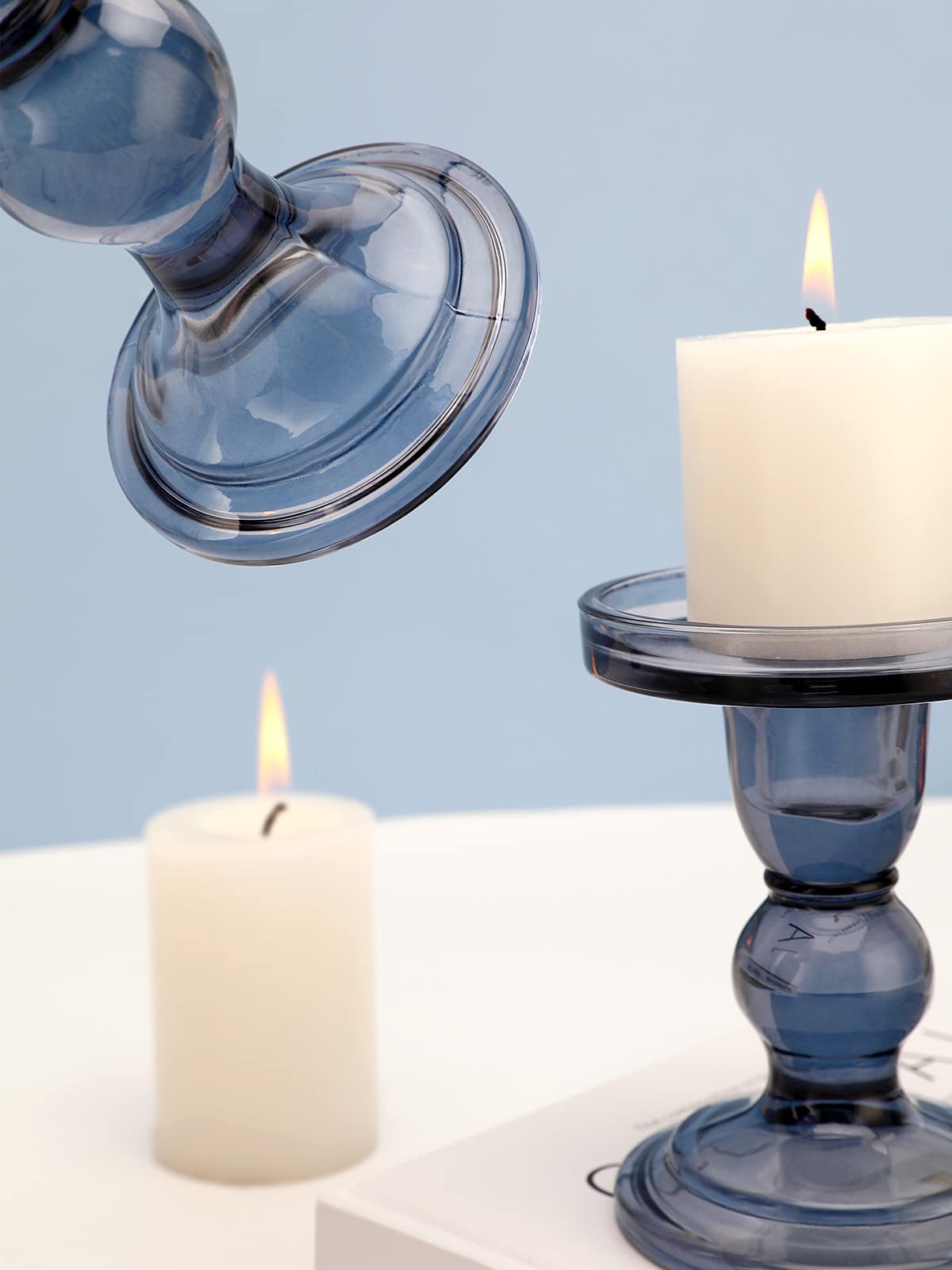 Lewondr Glass Candle Holders, 3 Pieces Crystal Clear Candlesticks with Elegant Design for Pillar Taper Candle and Tea Light, Home Table Living Room Wedding Party Decorations Home Décor - Smoky Blue