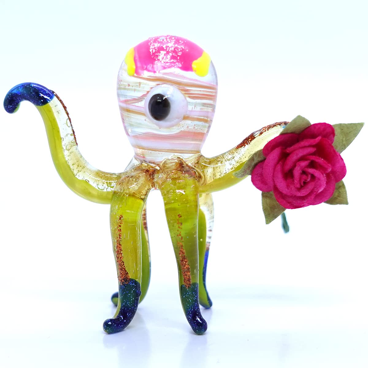 Sansukjai Squid Holding Flower Miniature Hand Blown Glass Art Painted Figurines Animals Collectible Gift Home Décor