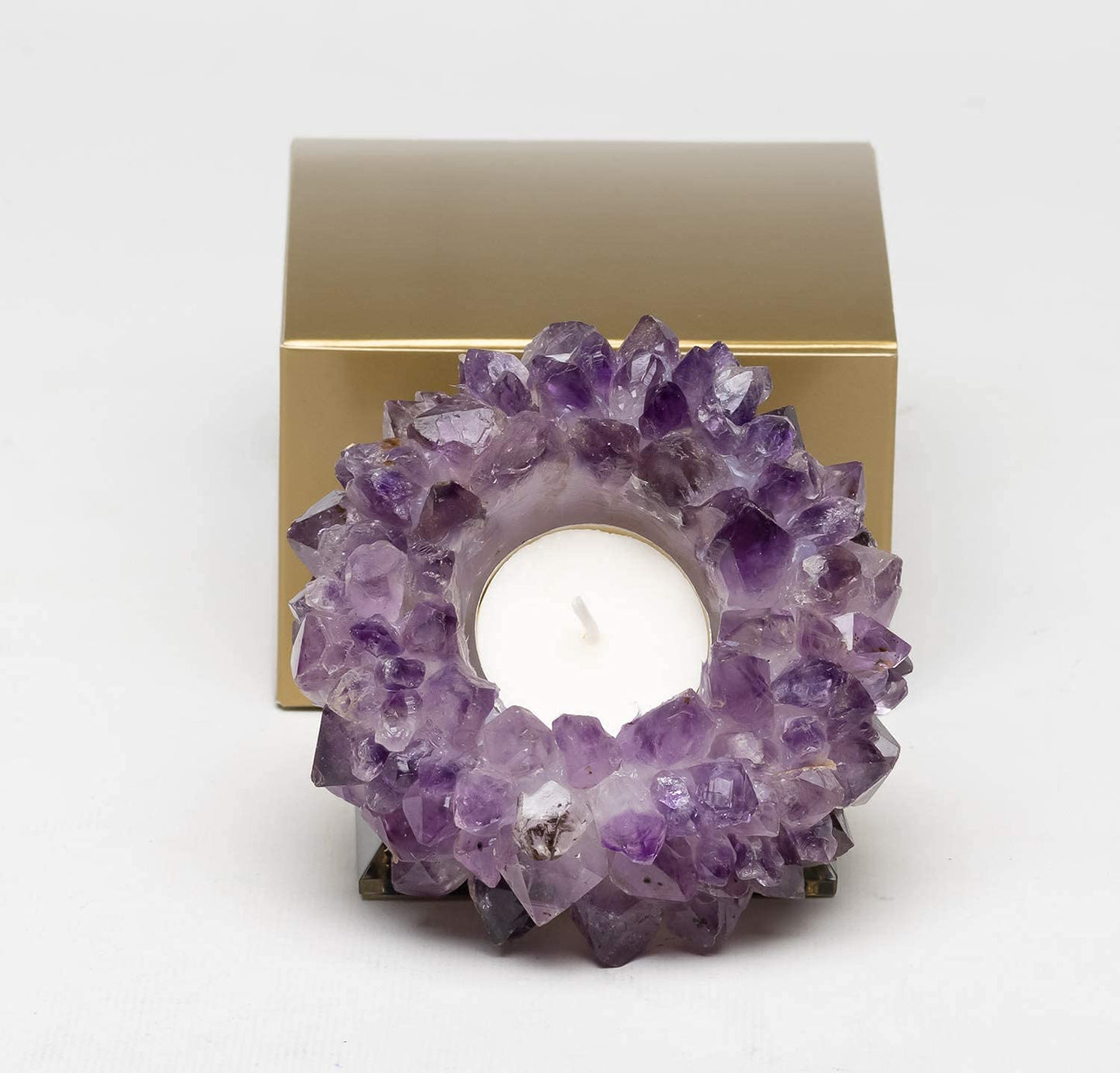 DesertUSA Natural Meditation Amethyst Cluster with Crystal Points - Handmade Chakra Tea Light Candle Holder - Decorative Peaceful, Higher Love Energy, Fits Tea Light Candle …