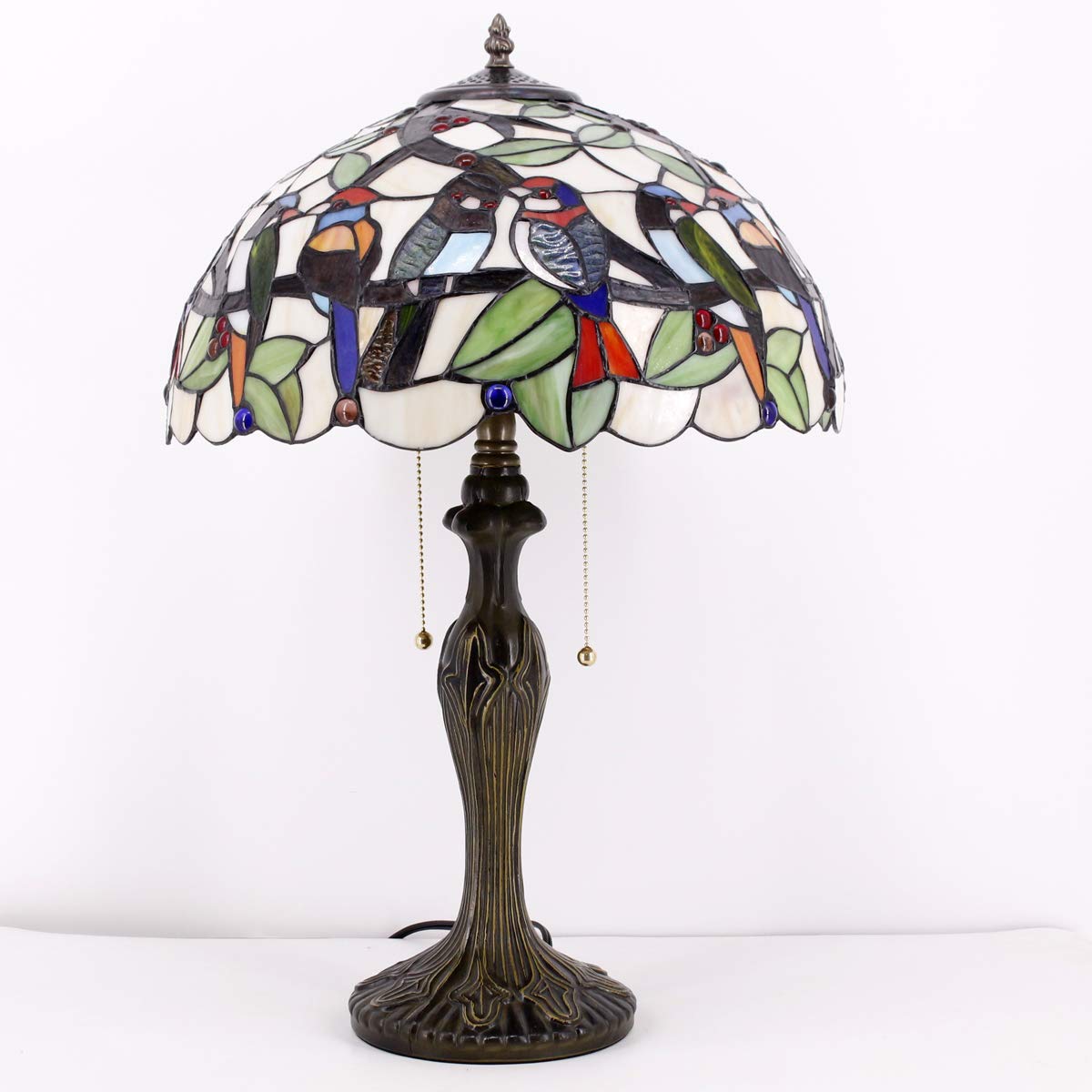 WERFACTORY Tiffany Table Lamp Colorful Stained Glass Birds Bedside Lamp 24"