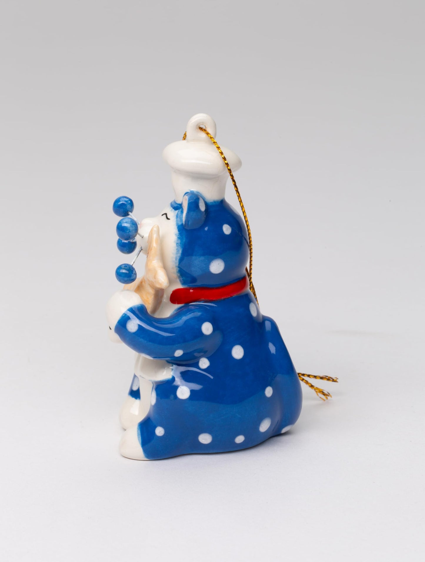 Fine Ceramic Whisker Cat Collection - Blue Chef Cat Holding Fish Figurine Ornament by Amy Lacombe, 3-1/2" H