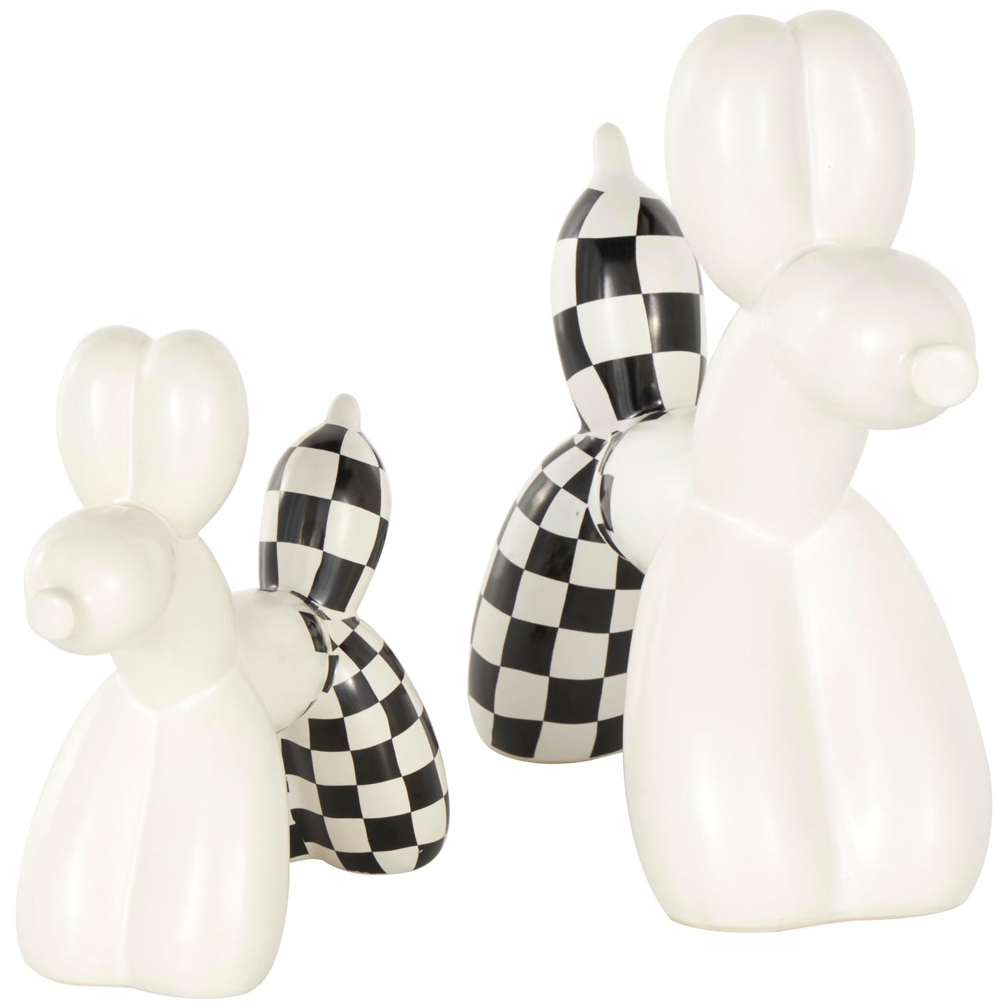 Deco 79 Ceramic Dog Decorative Sculpture Balloon Home Decor Statues with Checkered Accents, Set of 2 Accent Figurines 9", 7"H, White