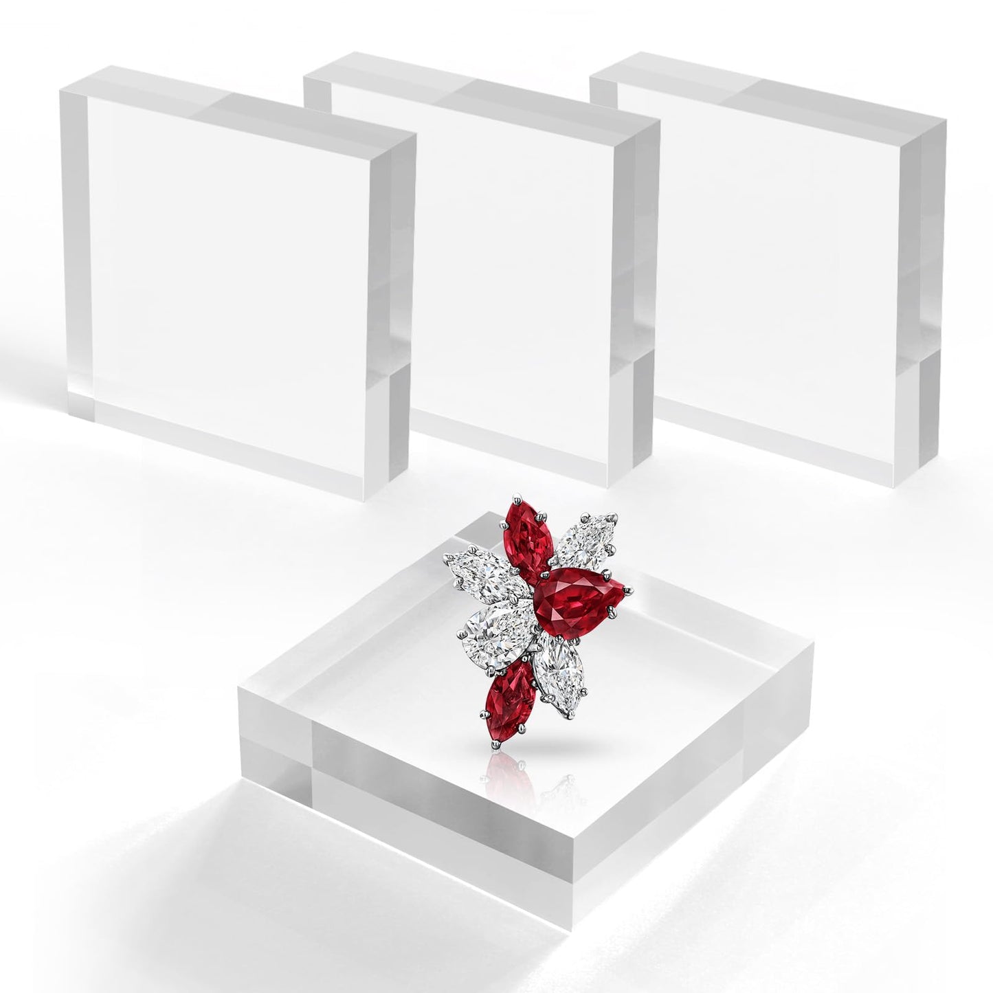 SAMYUCHO Acrylic Base Stand 4 Pieces Acrylic Blocks for Display 4 X 4 X 1 Inch Clear Polished Block Square Cube Riser Display Pedestal Stands for Jewelry Perfume Ring Collection Props Cake