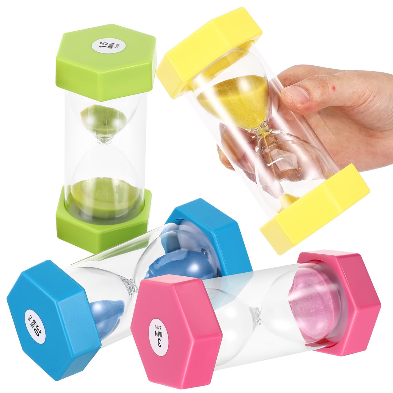 GLEAVI Visual Sand Timer for Kids, 4 Pcs Shatterproof Hexagonal Hourglass Timers (3, 10, 15, 30 Min), Anti-Roll Colorful Countdown Clock for Classroom, Toothbrushing, Study Focus, Visual Schedu