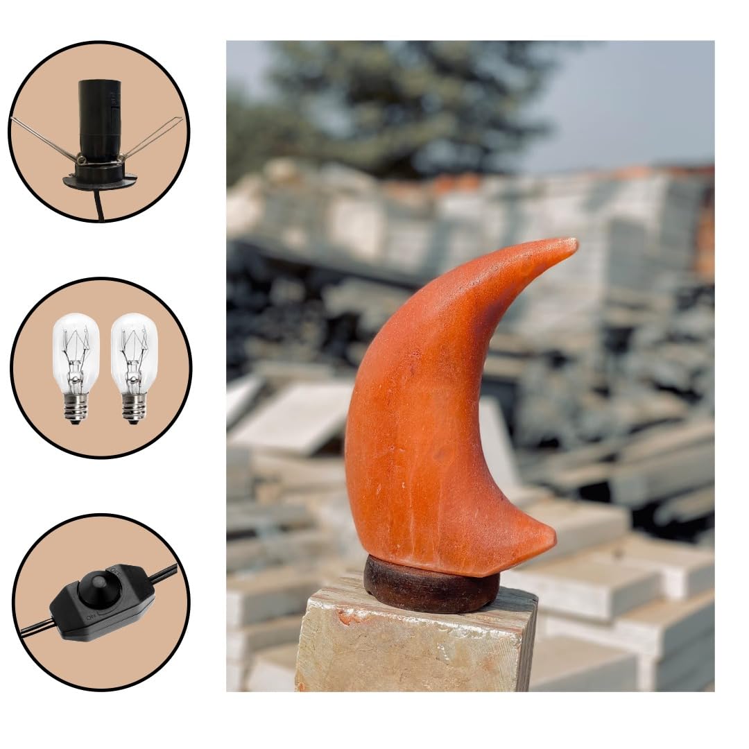 NatureBoost HL Himalayan Pink Salt Lamp Moon with Wooden Base. A dimmer Switch and a Pair of 15W Bulbs Included. Unique Gift Idea