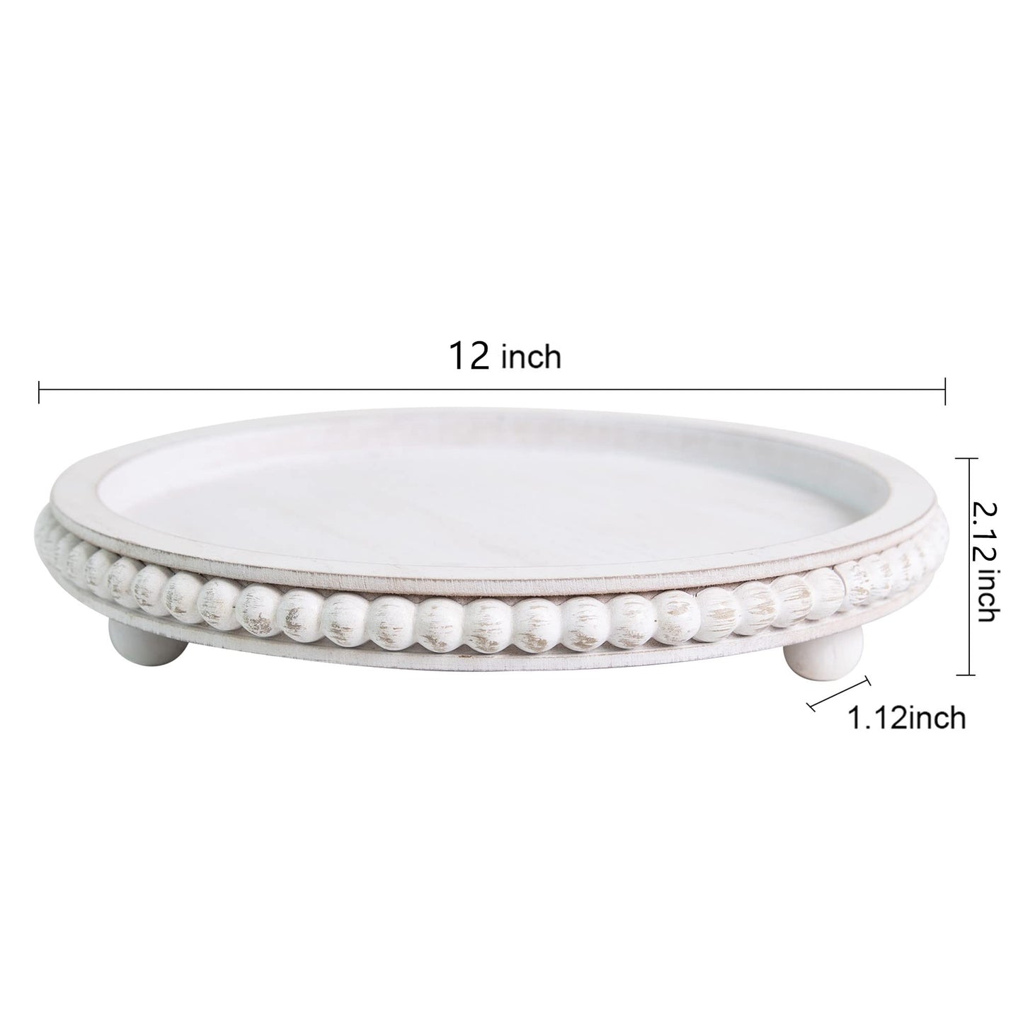 HPC Decor 12in Round Wood Tray - White, Distressed, Farmhouse Rustic - Decorative Tray for Living Room, Coffee Table, Kitchen Table or Farmhouse Serving Tray