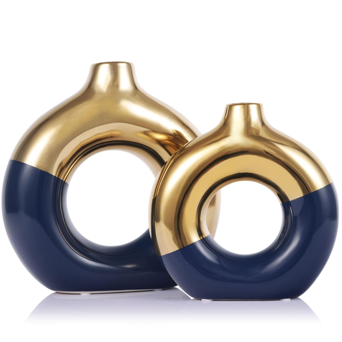 Flower Vase for Home Decor - Gold and Navy Blue Ceramic Vase Set of 2, Donut Vase for Blue Decor, Modern Boho Decorative Vase, Round Hollow Pampas Grass Vase, Dining Table, Mantel & Centerpiece
