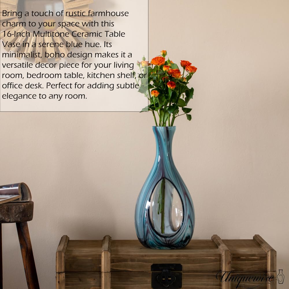 Uniquewise 16-Inch Multitone Glass Table Vase in Blue Hue - Minimalist, Decorative Boho Vase with Rustic Farmhouse Style, Home Decor - Living Room, Bedroom Table, Kitchen Shelf, or Office Desk Decor