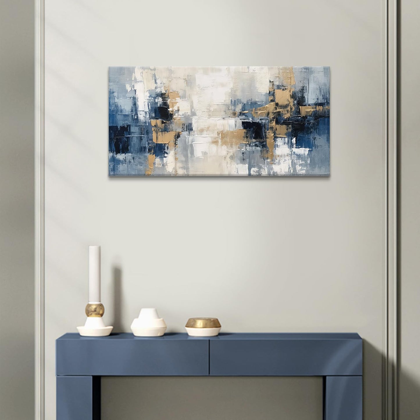 Blue and Gold Abstract Canvas Print Painting Indigo Modern Wall Art for Living Room Bedroom Home Office Decor