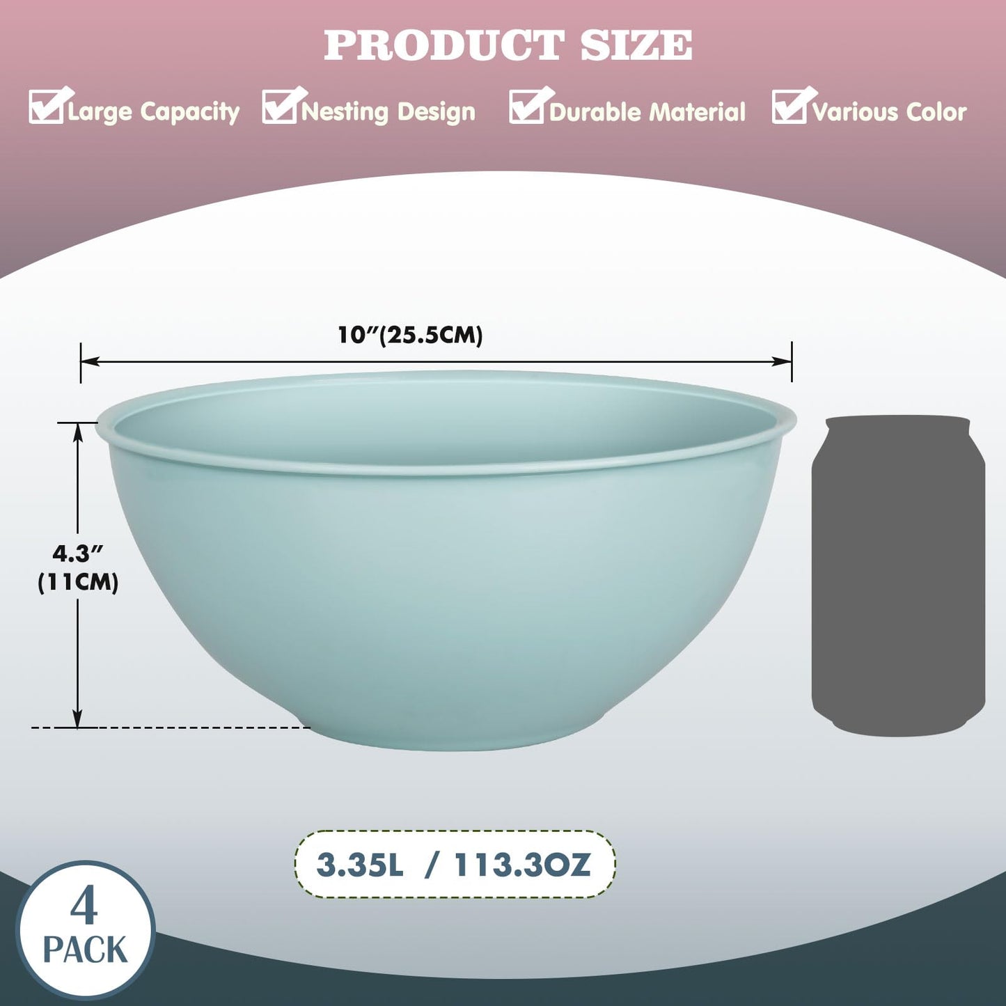 Greentainer 4-Piece Plastic Mixing Bowl Set, 113oz Lightweight Serving Bowls, Large Salad Bowls for Baking,Prepping, Cooking and Serving Food, Dishwasher & Microwave Safe