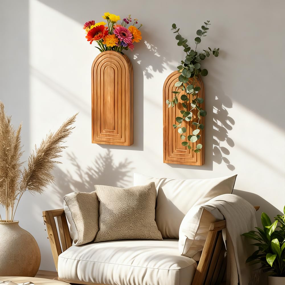 Zorivane 2PCS Wooden Wall Vase Set, Boho Hanging Planter for Indoor Plants & Flowers, Natural Wood Wall-Mounted Planters for Art Home Decor