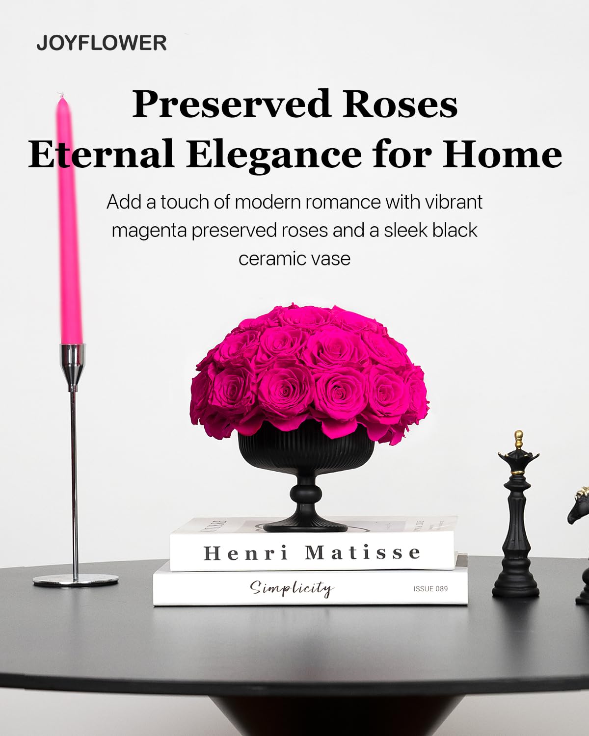 JoyFlower Preserved Flowers Vase Ceramic Decor, Eternal Flower Vases for Table Centerpieces, Fuchsia Preserved Roses with Vase Decorations for Party Home Wedding Living Room Bedroom House Office