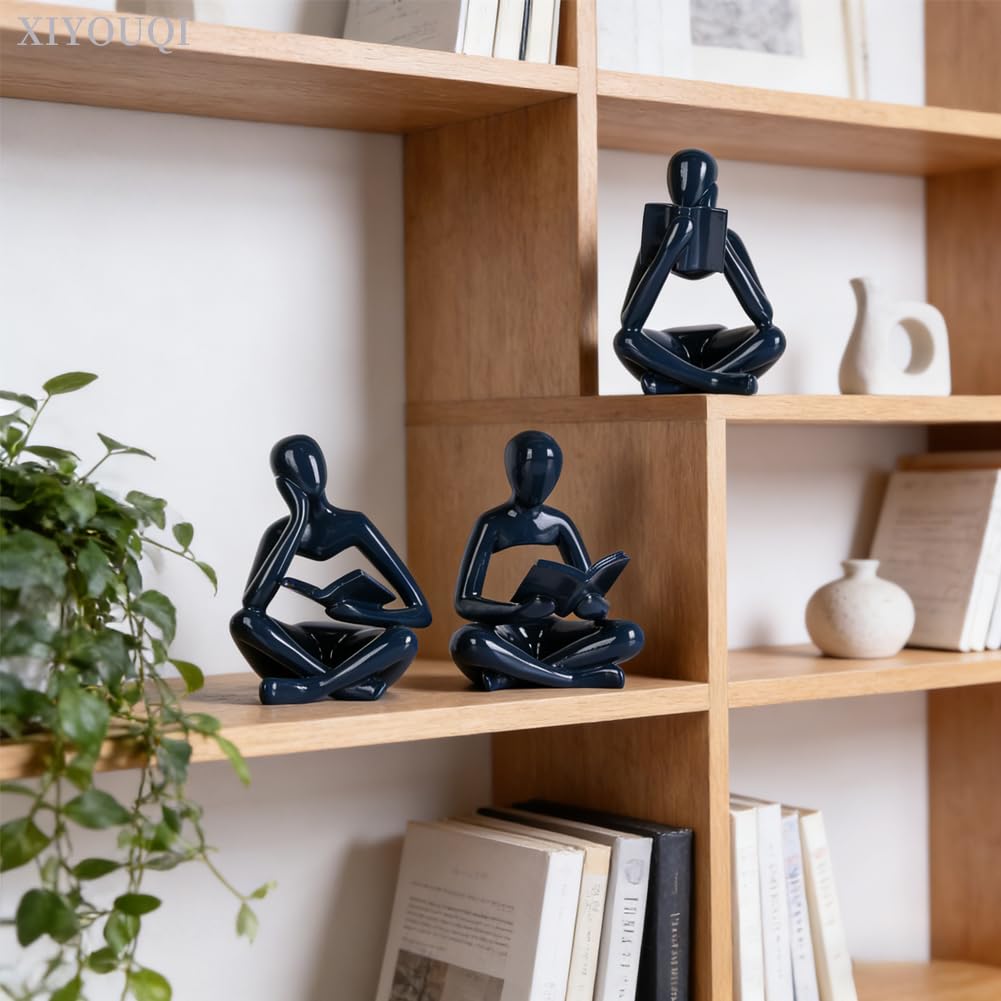 Navy Blue Thinker Statue Set of 3, Glossy Resin Reading Statue Figurines for Coffee Table, Abstract Sculptures Home Decor for Shelf, Desk, TV Console, Modern Blue Room Accents for Living Room Office