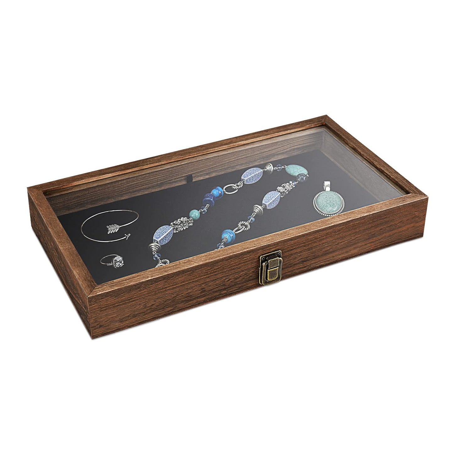 MOOCA Wooden Jewelry Display Case with Tempered Glass Lid and Removable Black Luxurious MDF Velvet Jewelry Display Pad, Pocket Knife Eyewear Case, Brown Color