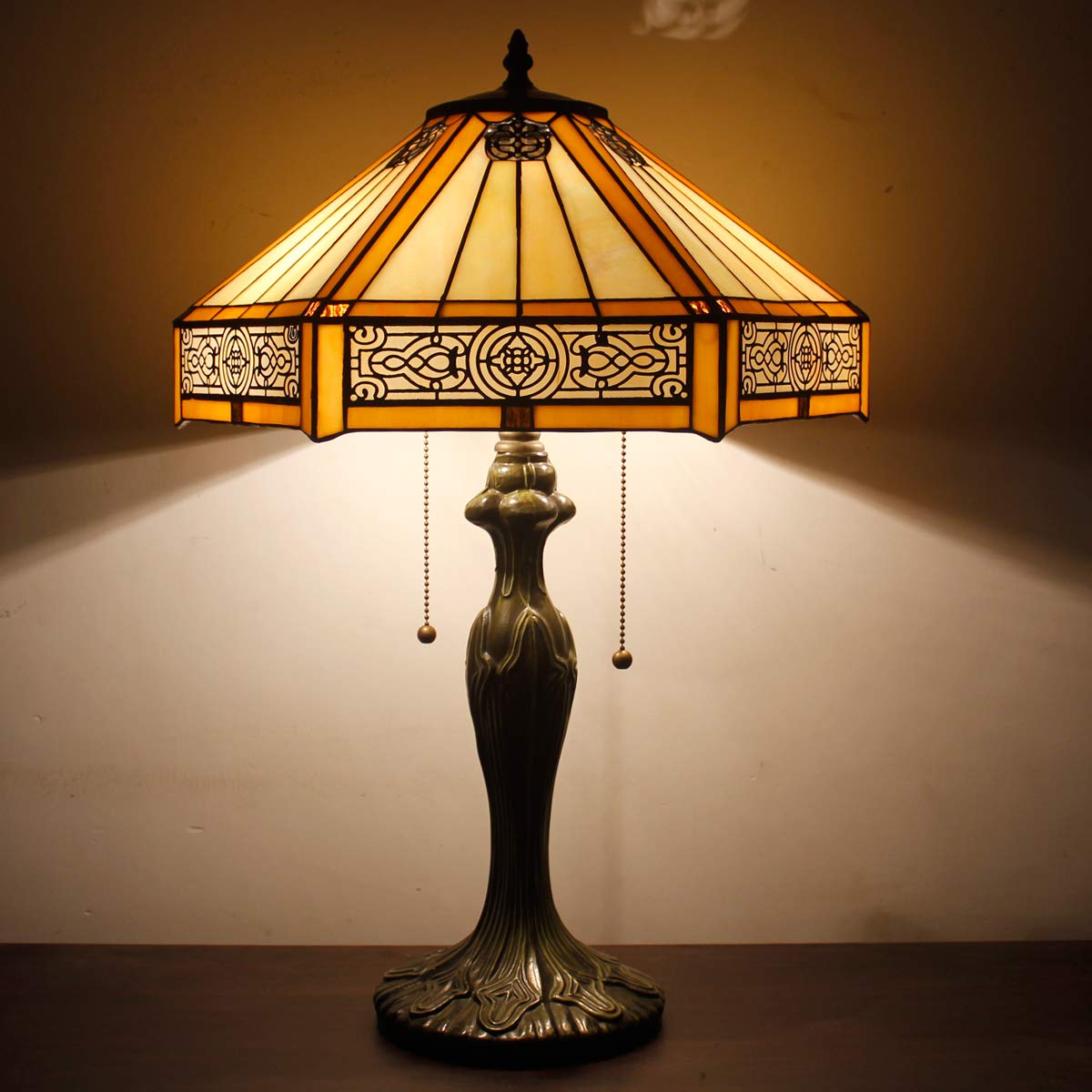 WERFACTORY Tiffany Table Lamp Yellow Hexagon Stained Glass Bedside Lamp