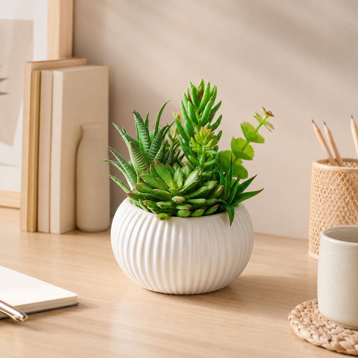 CZWBE 8 Inch Fake Plants Artificial Succulent Plants，White Ceramic Flower Pot，Assorted Faux Mini Succulents in a Decorative Planter Pot.
