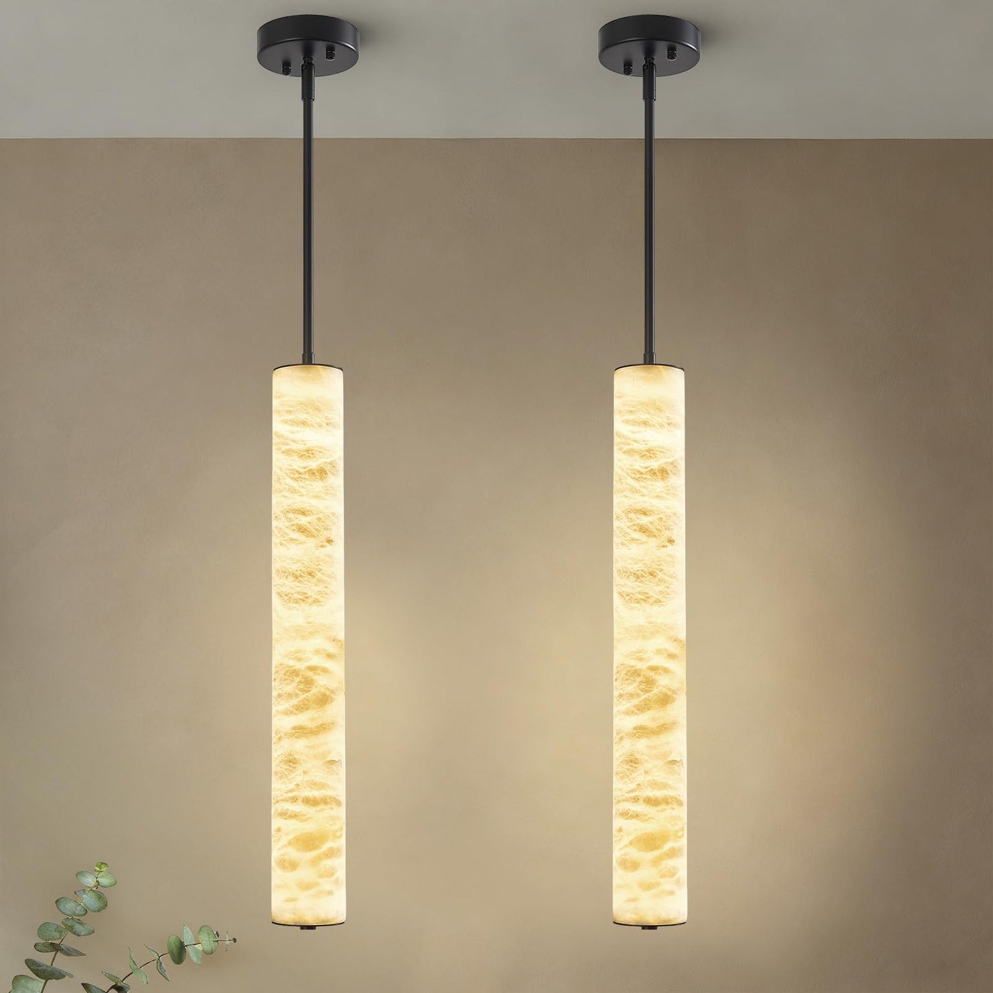 LMQNINE Natural Alabaster Pendant Lights White Marble 24" Long Tube Adjustable Boom Chandelier Modern 3000K Black Ceiling Light for Kitchen Island Bedroom Dining Room Living Room Hallway(M-2Pack)