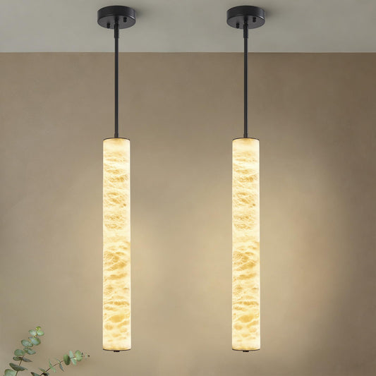 LMQNINE Natural Alabaster Pendant Lights White Marble 24" Long Tube Adjustable Boom Chandelier Modern 3000K Black Ceiling Light for Kitchen Island Bedroom Dining Room Living Room Hallway(M-2Pack)