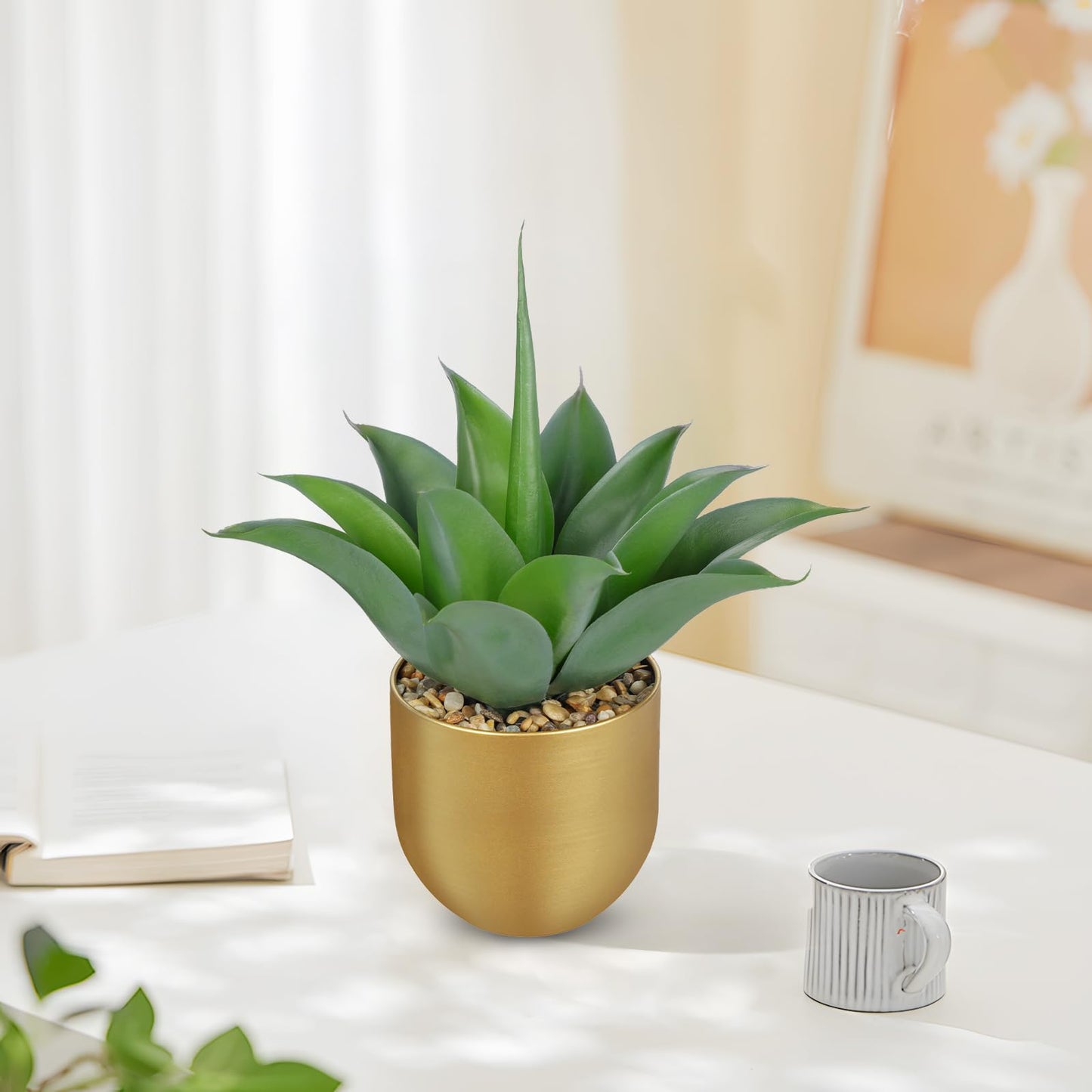 Briful Artificial Agave Plant in Gold Metal Pot, 13 Inch Tall Faux Succulent with Gray-Green Wide Leaves, Realistic Decorative Fake Plants for Home, Office, Shelf, Tabletop Decor