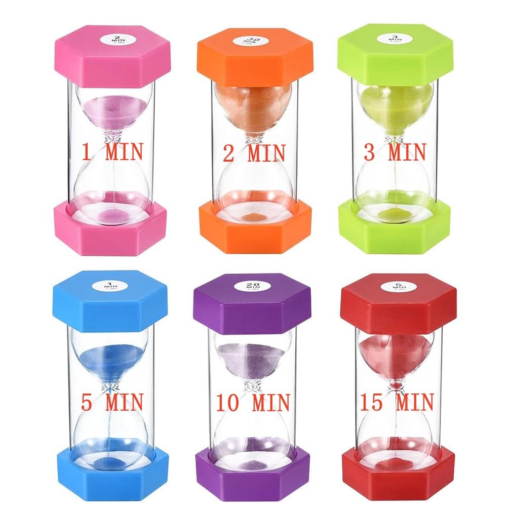 Large Sand Timer, Hourglass Timers Colorful Sandglass Timer 1 min/2 min/3 min/5 min/10 min/15 min Kids Timers Visual Sand Clock Timer for Games Classroom Home Office Kitchen Teeth Brushing (Pack of 6)