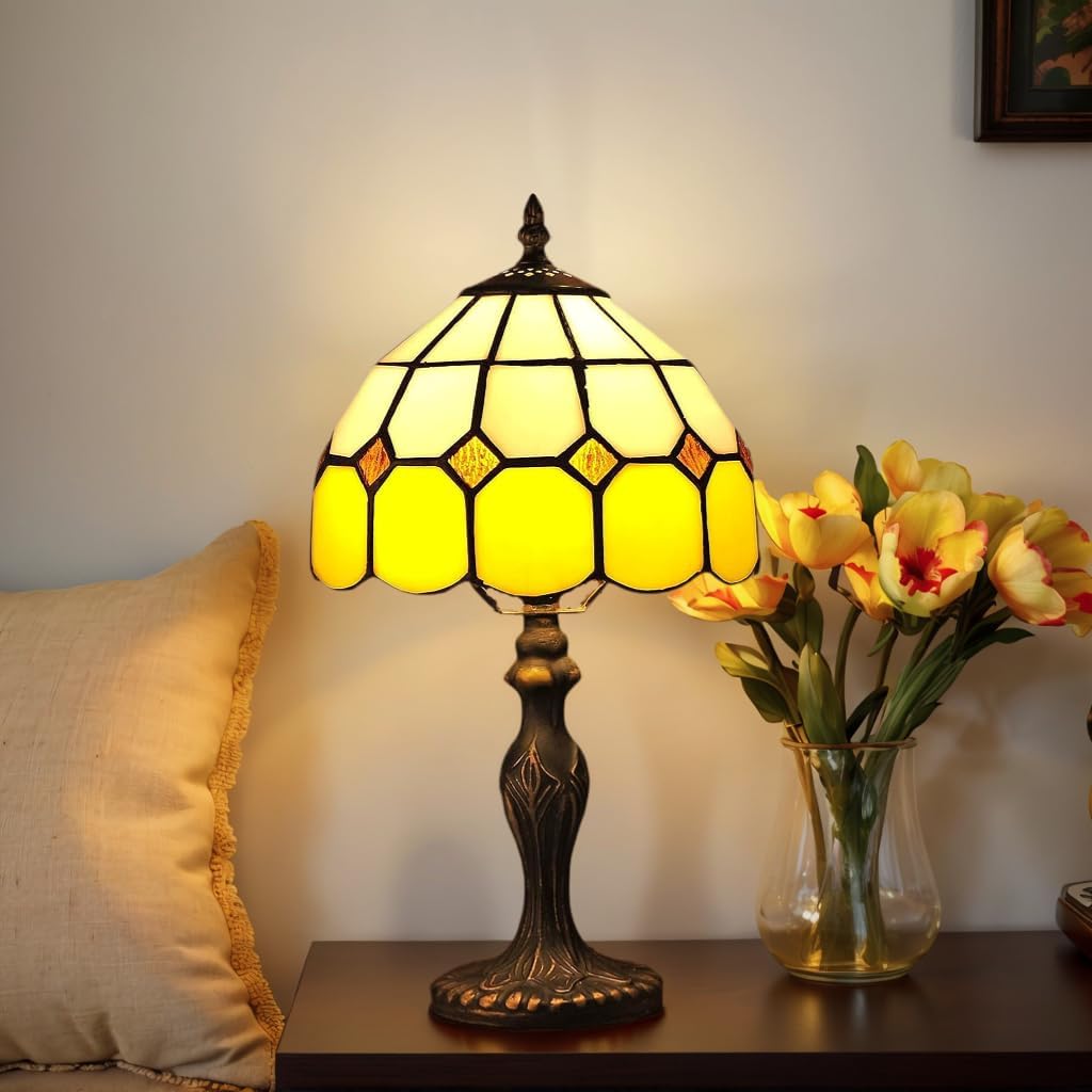 YINIETZSCHE Tiffany Style Table Lamp 8 Inch, Handmade Stained Glass Vintage Bedside Lamp, Art Glass Desk Light for Bedroom Office Living Room