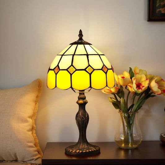 YINIETZSCHE Tiffany Style Table Lamp 8 Inch, Handmade Stained Glass Vintage Bedside Lamp, Art Glass Desk Light for Bedroom Office Living Room