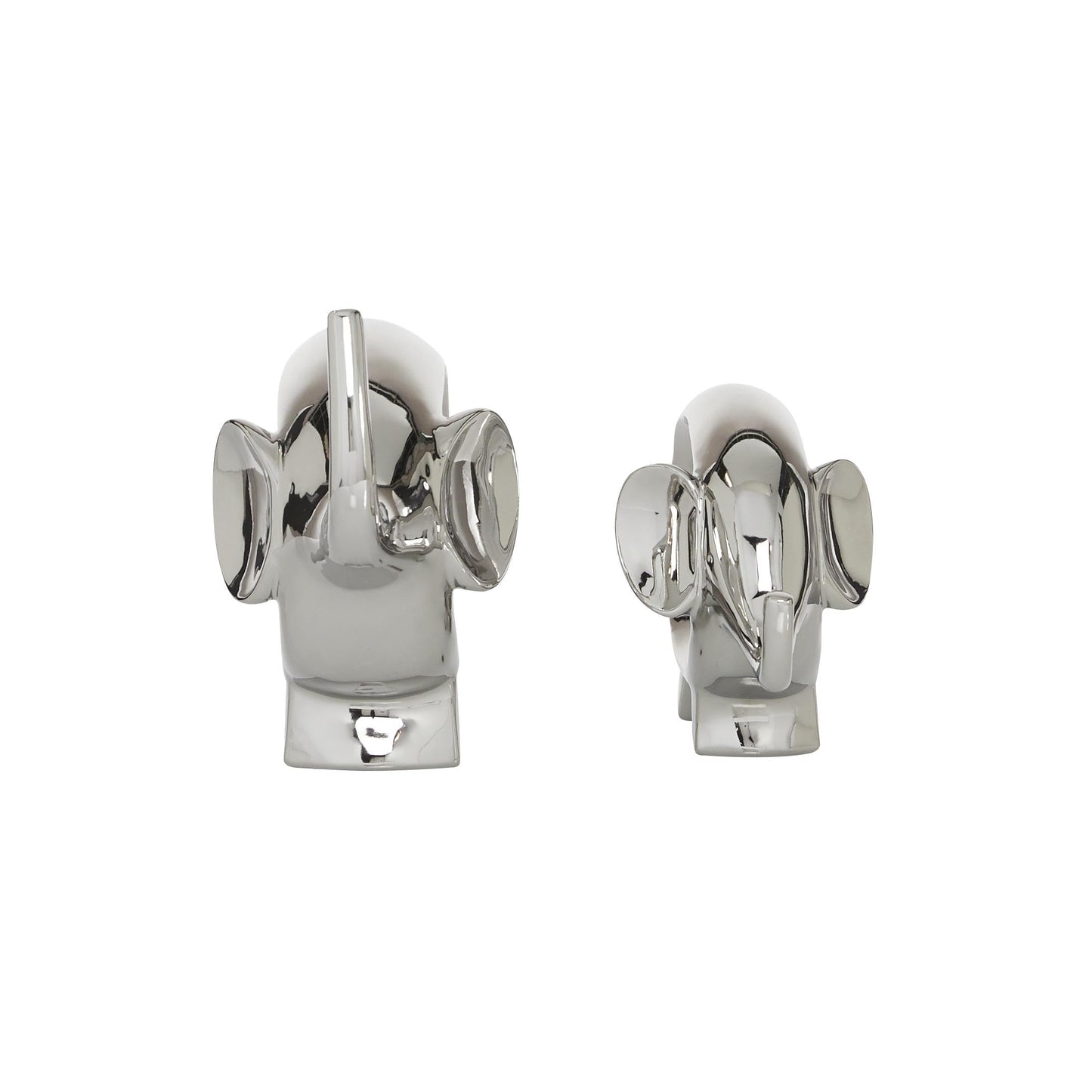 Deco 79 Porcelain Ceramic Elephant Decorative Sculpture Home Decor Statues, Set of 2 Accent Figurines 7", 9"H, Silver