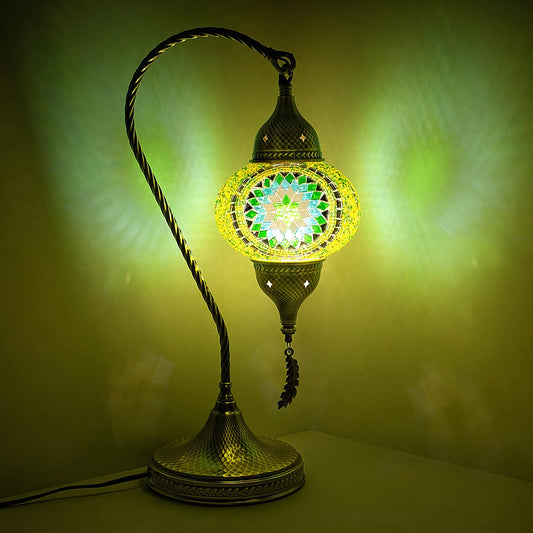 Yarra-Decor Turkish Moroccan Mosaic Table Lamp - 19” Tiffany Style Bedside Light with Bronze Base, 3 Color Options LED, Handmade Boho Accent Lighting (Green1)