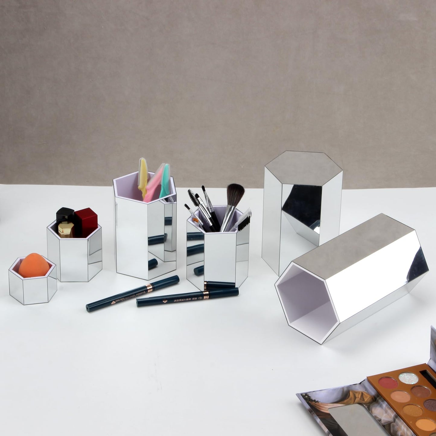 Kcgani Hexagonal Mirror Acrylic Jewelry Display Risers, Hexagon Display Riser Stands Multipurpose Riser, Perfume Figure Showcase Display Stand Makeup Brush Cosmetic Holder Storage Containers, Set of 6