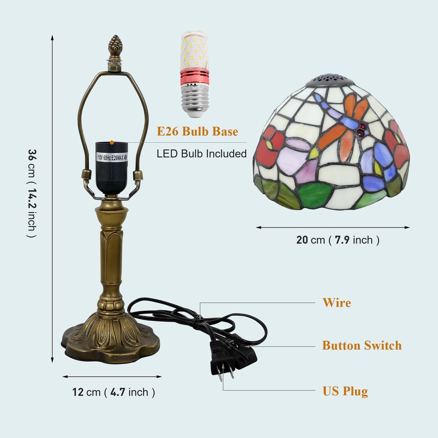 VirtueKing Tiffany Table Lamp Beautiful Dragonfly and Flower Style Lamp Handmade Stained Glass Desk Lamps Gifts Resin Base 14.2" Tall Vintage Reading Lamp for Office,Living Room, Bedroom, Study Room