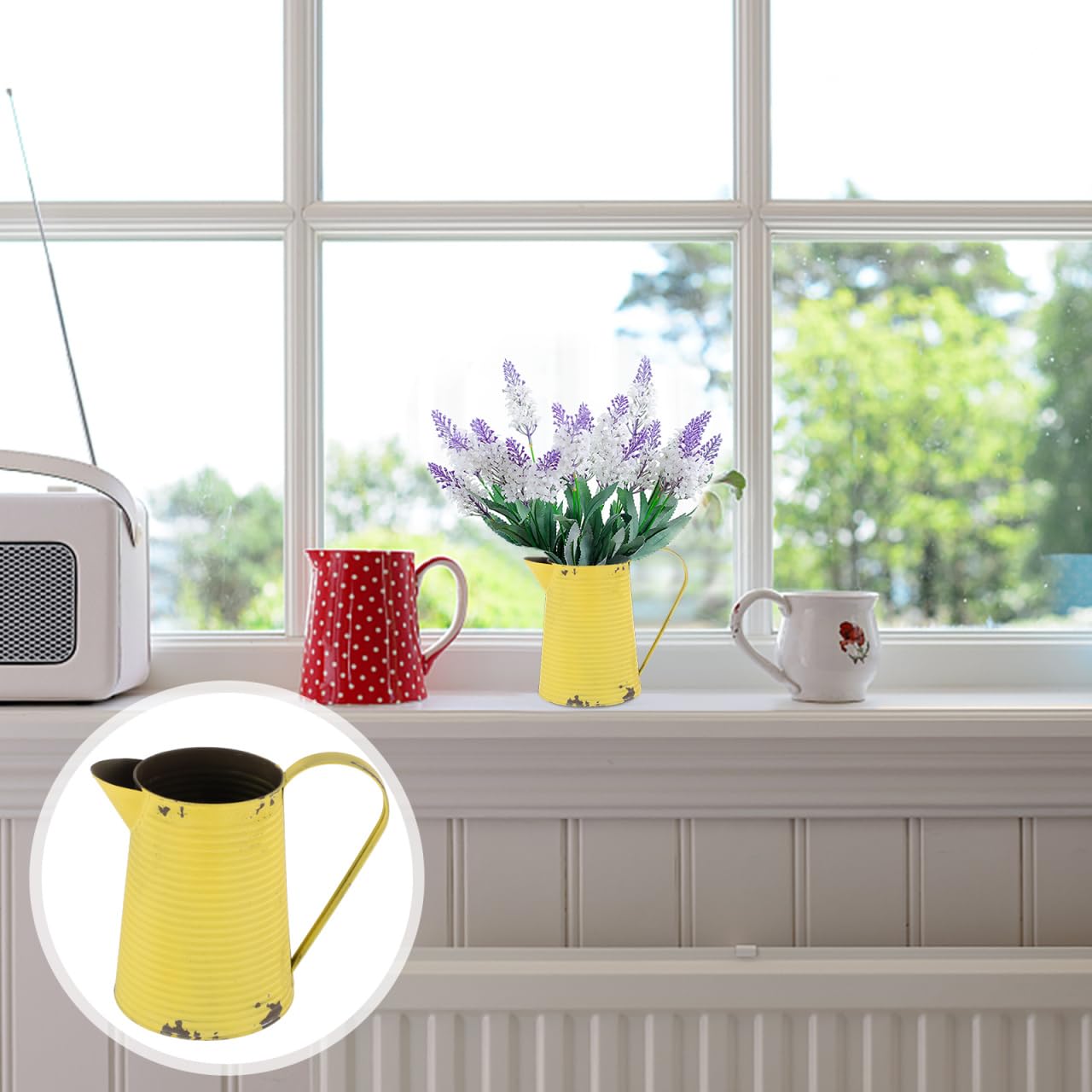 Yellow Farmhouse Flower Vase Retro Metal Kettle Vase 8 Inch Rustic Galvanized Flower Pitcher Shabby Chic Country Style Table Centerpiece Home Decor Tin Bucket
