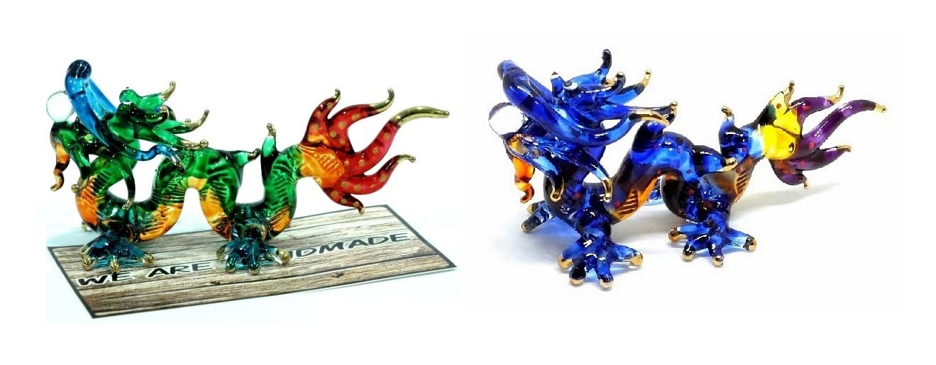 (Bundle of 2) Handmade 3" Lucky Dragon Blown Glass Figurine Art, Cool Stuff, Miniature Animals, Home or Garden Decor Gift Ideas
