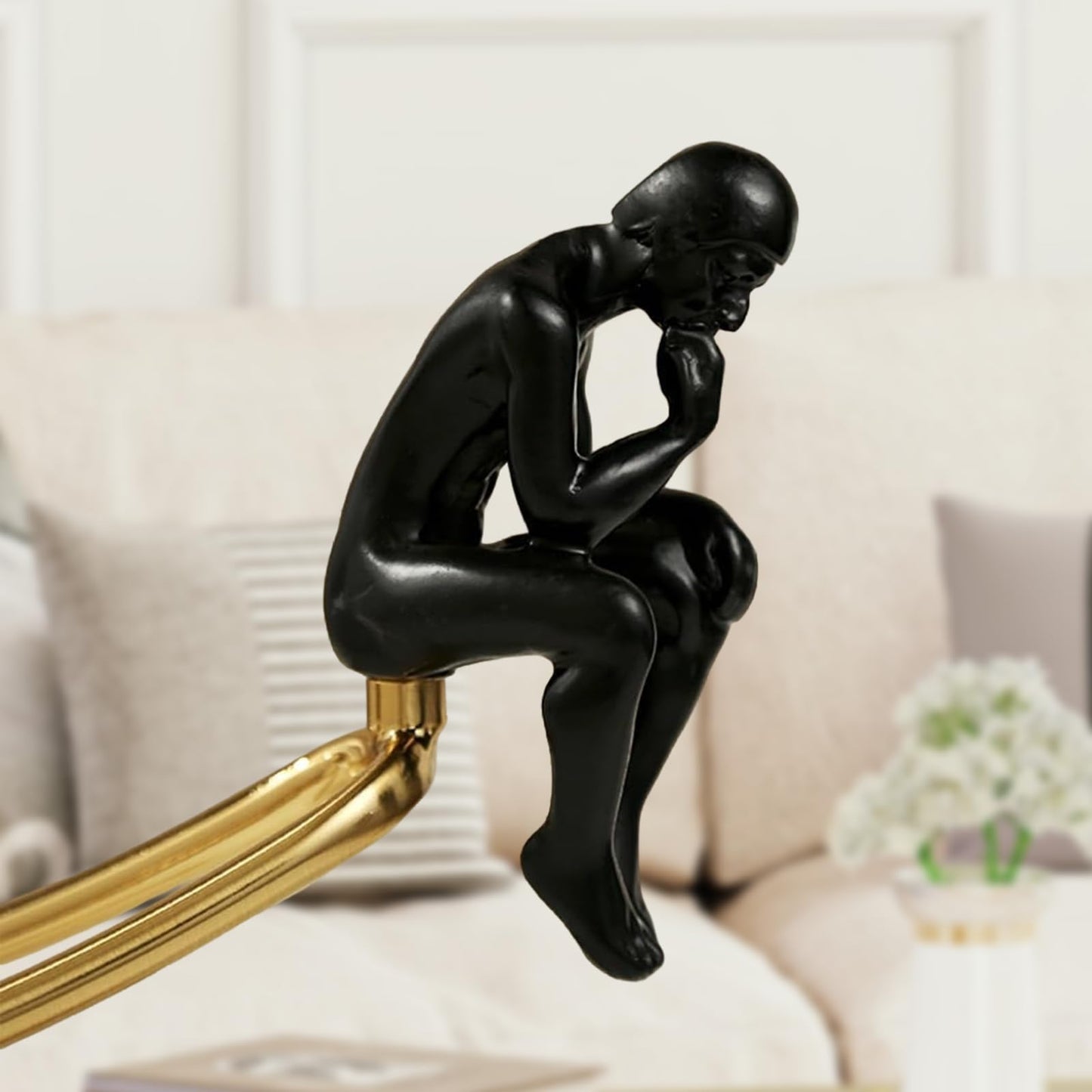 Heakrit Thinker Statue with Crystal Ball, Modern Home Sculptures Black and Gold Living Room Decor， Home Office Bookshelf Desktop Display Decoration